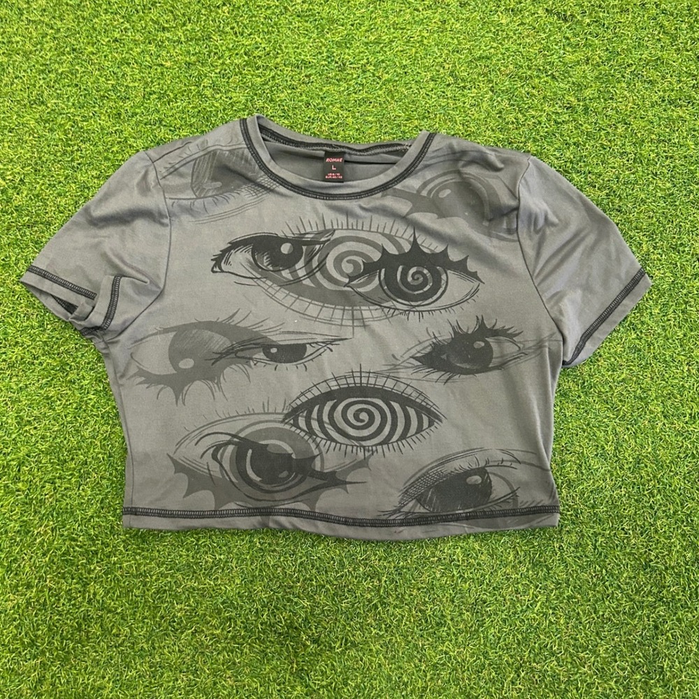 Romwe Womens Gray Graphic Eye Print Crop Top Short Sleeve Crew Neck Large